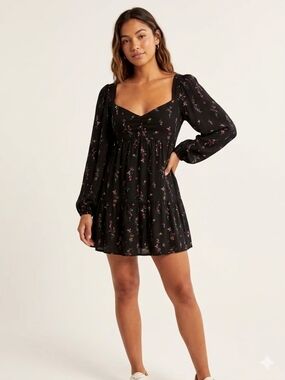 AFRM Black Floral Puff-Sleeve Mini Dress